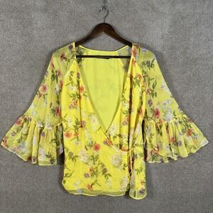 Lauren Ralph Lauren Blouse Womens Medium Yellow Floral Wrap Ruffle Sleeve Top